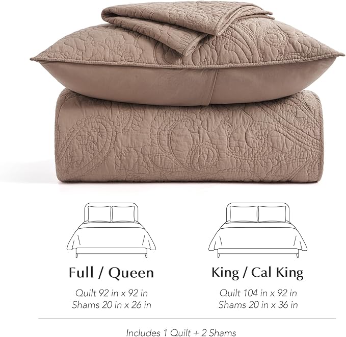 EVERGRACE 100% Cotton Paisley Quilt Set, Queen Size 3 Piece Set – Prewashed Lightweight Bedspread with 2 Shams, Soft Matelasse Coverlet for All-Season, Dusty Brick (Red Undertones)