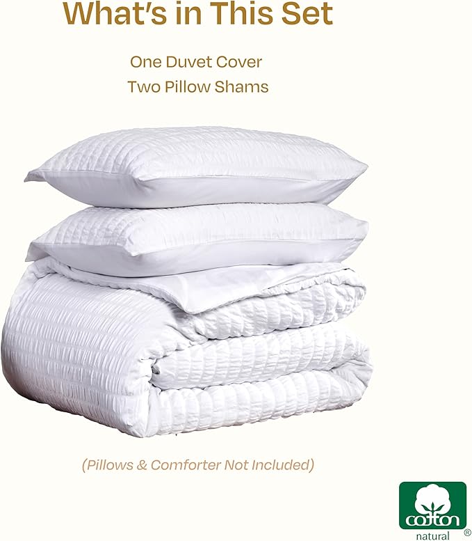 California Design Den Queen Size Duvet Cover Set, 100% Cotton 3 Pc Cover & Sham Set, Soft Textured White Seersucker Duvet Cover 92" x 90" to Fit Queen Size Duvet (Seersucker, Queen)
