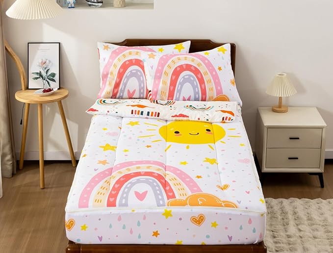 Meeting Story 3pcs Kids Comforter Set Zipper Bedding Set for Girls,Twin Kid Bedding Set Rainbow Comforter Set for Kid,All in one Zipper Bedding（White,Twin）