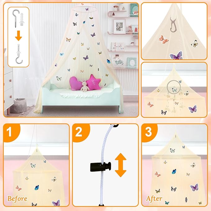 South to East Bed Canopy for Girls with Glowing Butterfly in The Dark, Beige Princess Bed Curtains for Girls, Kids Bed & Toddler Bed, Twin, Full & Queen, Mosquito Net Canopy for Bedroom