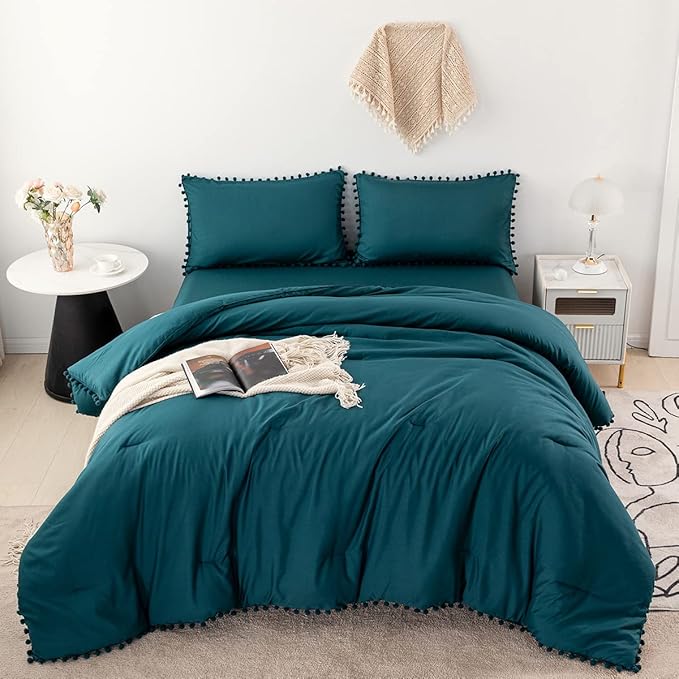 PERFEMET Teal Pom Pom Comforter Set Full 5 Pcs Farmhouse Boho Comforter with Sheet Sets(79x90inch), Soft Microfiber Lightweight Bed in a Bag for Girls Boys Kids(Teal, Full)