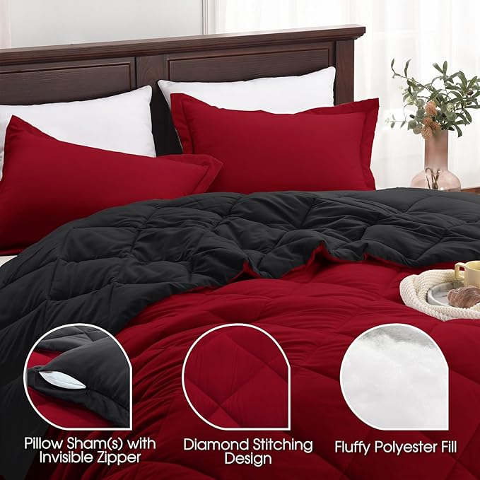 Basic Beyond Queen Comforter Set, Red and Black Comforter Set Queen Size, Reversible Bed Comforter Queen Bed Set for All Seasons, 1 Comforter (88"x92") and 2 Pillow Shams (20"x26"+2")