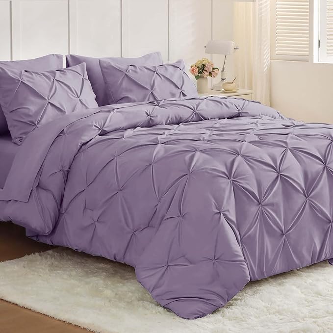 JOLLYVOGUE Queen Comforter Set 7 Pieces - Bed in a Bag Queen for All Season, Pintuck Bedding Comforter Sets with Comforter, Flat Sheet, Fitted Sheet and Pillowcases & Shams, Purple