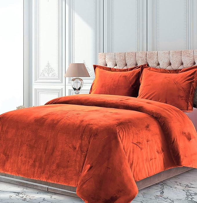 Orange 3 Pieces Velvet Comforter Set Twin XL Size (Comforter + 2 Pillowcases) Crinkle Crushed 400 GSM
