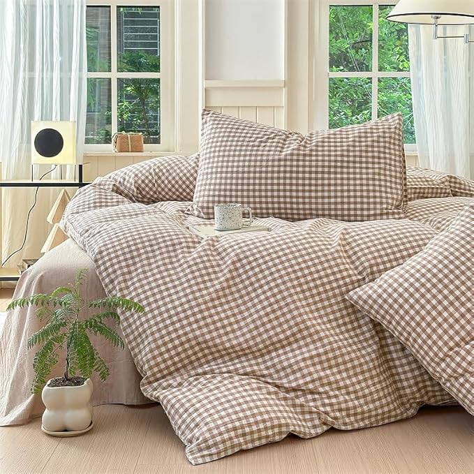 Nayoroom Brown Gingham Duvet Cover King Size Tan White Plaid Checkered Duvet Cover Grid Dorm Bedding Set 3 Pieces Soft Lightweight Washed Microfiber Farmhouse Bedding with Pillowcases