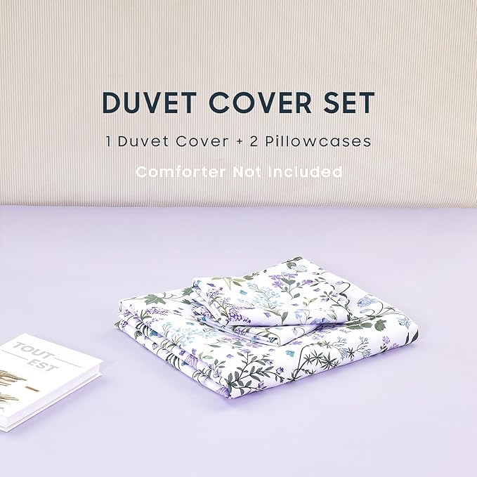 Wake In Cloud - Floral Duvet Cover Set, Shabby Chic Cottage Garden Botanical Flower Style with Elegant Wildflower Pattern, Soft Lightweight Bedding, 3 Pieces, Purple White, Twin/Twin XL Size