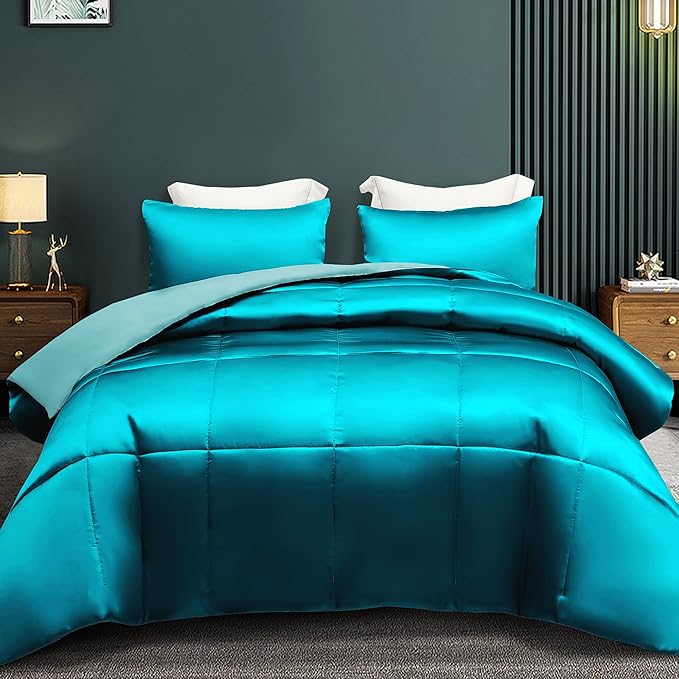 Whale Flotilla 2-Piece Reversible Silky Soft Twin Size Comforter Bedding Set, Luxurious Satin Comforters with Satin Pillowcase, Lightweight Duvet for All Seasons, Turquoise