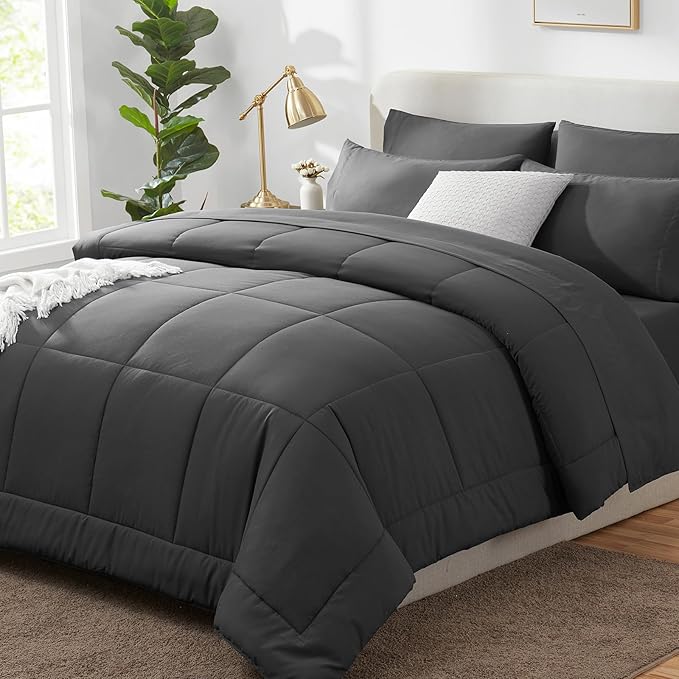 CozyLux Twin Comforter Set with Sheets Dark Grey, 5 Pieces Bed in a Bag, Dark Gray Comforter Twin Size, All Season Bedding Set with Stitch Quilted Comforter, Flat Sheet, Fitted Sheet, Pillowcases