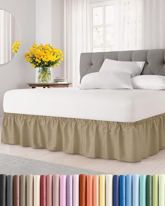 Wrap Around Dust Ruffle Bed Skirt - Beige - for Full Size Beds with 15 Inch Drop - Easy Fit Elastic Strap - Adjustable Pleated Bedskirt w/Brushed Fabric - Wrinkle Free - for Women, Men, Kids & Teens