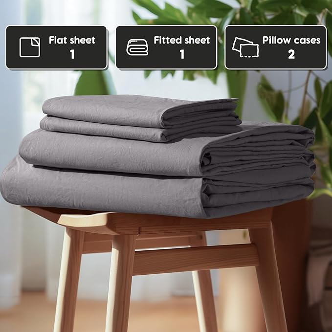 SONORO KATE 100% French Pure Linen Sheets, Breathable and Durable Linen Queen Size Sheets, Anti-Tear Linen Bed Sheets, Machine Washable, 16 Inch Deep Pocket - 4 Piece (Dark Grey, Queen)