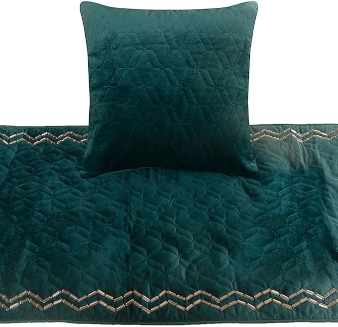 The HomeCentric King Queen Twin Teal Blue Decorative CA King 86"x18" Bed Runner with Pillow Cover, Quilted & Crystals Bed Scarf on Velvet Fabric - Teal Diamond Symphony