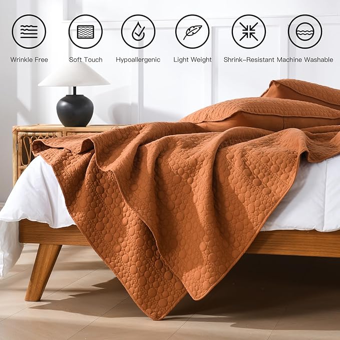 HORIMOTE HOME Quilt Set Twin Size Burnt Orange, Classic Geometric Spots Stitched Pattern, Pre-Washed Microfiber Chic Rustic Look, Ultra Soft Lightweight Quilted Bedspread for All Season, 2 Pieces