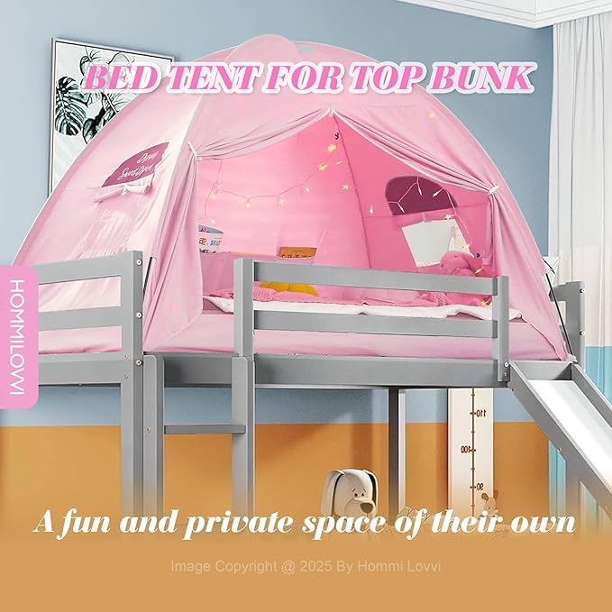 Twin Bed Tent for Girls, Indoor Blackout Sleeping Tent with Dreamy Canopy, Breathable Privacy Bunk Beds, Ideal for Drafty Rooms or Cottage-Style Spaces, Pink
