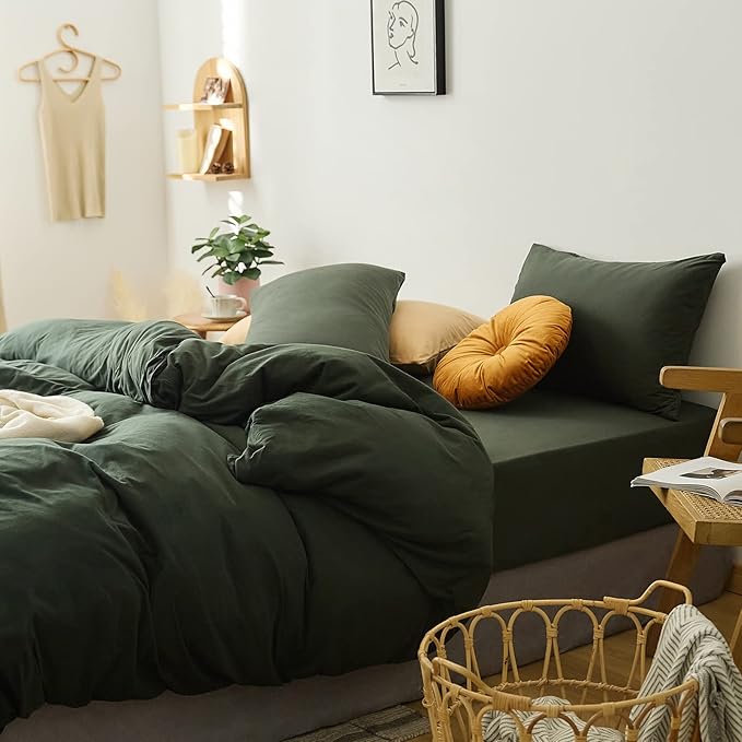 LifeTB Olive Green Duvet Cover Full Size 3 Pieces Jersey Knit Cotton Bedding Duvet Cover Minimalist Dark Green Comforter Cover with Zipper Closure Breathable Soft Solid Color Bedding Set Full