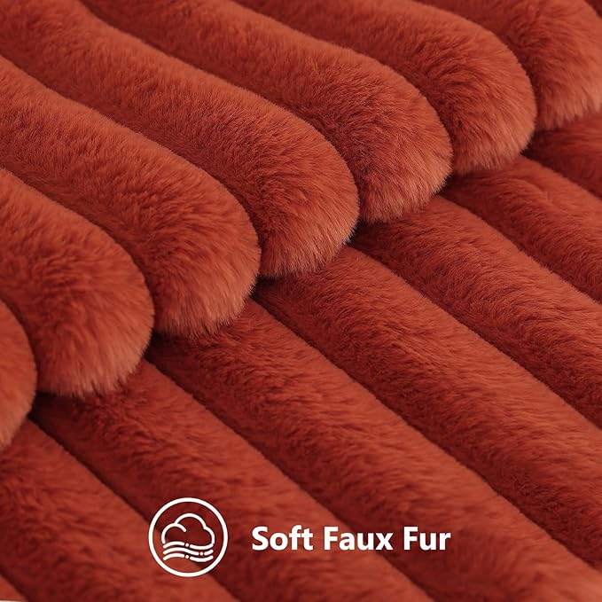 decorUhome Cozy Faux Fur Spring Throw Pillow Covers 16x16 Set of 2 Decorative Soft Plush Striped Modern Farmhouse Boho Couch Pillow Cases with Velvet Back for Sofa Bed Living Room, Rust