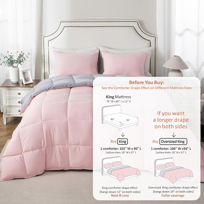 KASENTEX King Comforter Set – Reversible Dual Color – Goose Down Alternative – Ultra-Soft, Lightweight, Machine Washable, Maintain Fluffiness, All Season Warmth (Pink Potpourri/Quartz Silver)