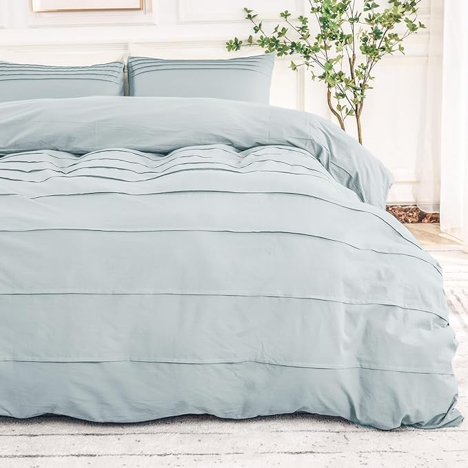 NEXHOME PRO 100% Washed Cotton Duvet Cover Full Size, Pleated Textured Duvet Cover Set Azure Blue, 3 Pieces Bedding Set with Zipper Closure, Soft, Lightweight and Breathable (80"x90", No Comforter)