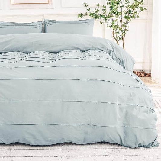 NEXHOME PRO 100% Washed Cotton Duvet Cover Full Size, Pleated Textured Duvet Cover Set Azure Blue, 3 Pieces Bedding Set with Zipper Closure, Soft, Lightweight and Breathable (80"x90", No Comforter)