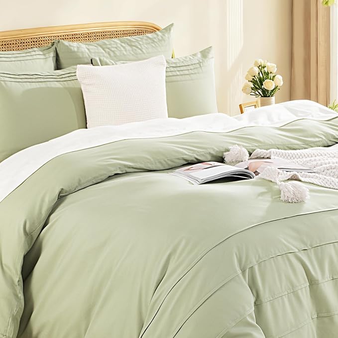 NEXHOME PRO 100% Organic Cotton Duvet Cover Full, Linen Like Pleated Textured Sage Green Duvet Cover Set, 3pc Bedding Set with Zipper Closure, Soft, Lightweight and Breathable (80"x90", No Comforter)