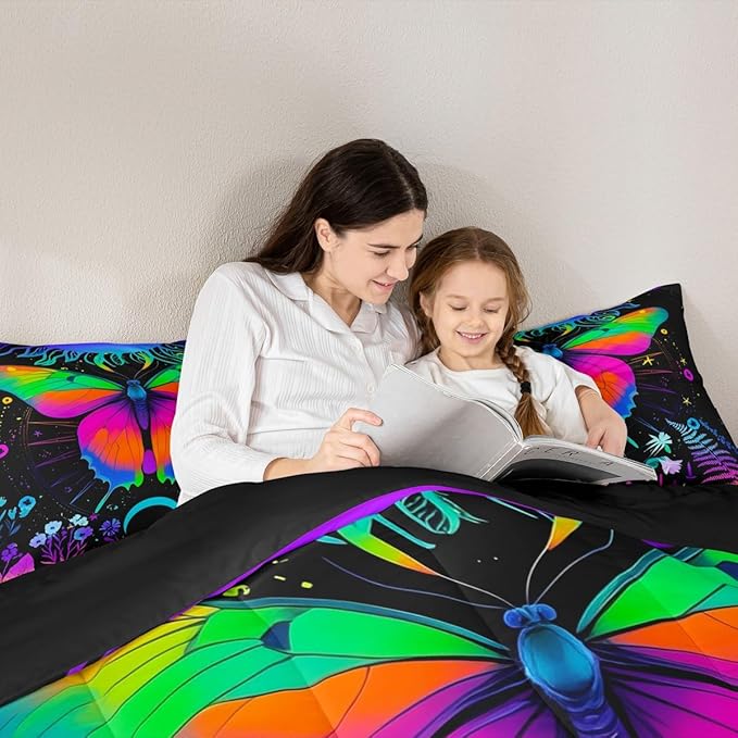 Erosebridal Moth Comforter Set King Hippie Psychedelic Sun and Moon Bedding Set,Purple Blue Ombre Galaxy Floral Botanical Comforter for Girls Teens Women Stars Planet Quilt Duvet 2 Pillowcases