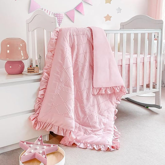 Wowelife Boho Mini Crib Bedding Set for Girls, 3 Piece Tufted Jacquard Ruffle Fringe Baby Girl Crib Bedding Set Newborn, Infant & Nursery with Comforter, Crib Fitted Sheet and Crib Skirt, Pink