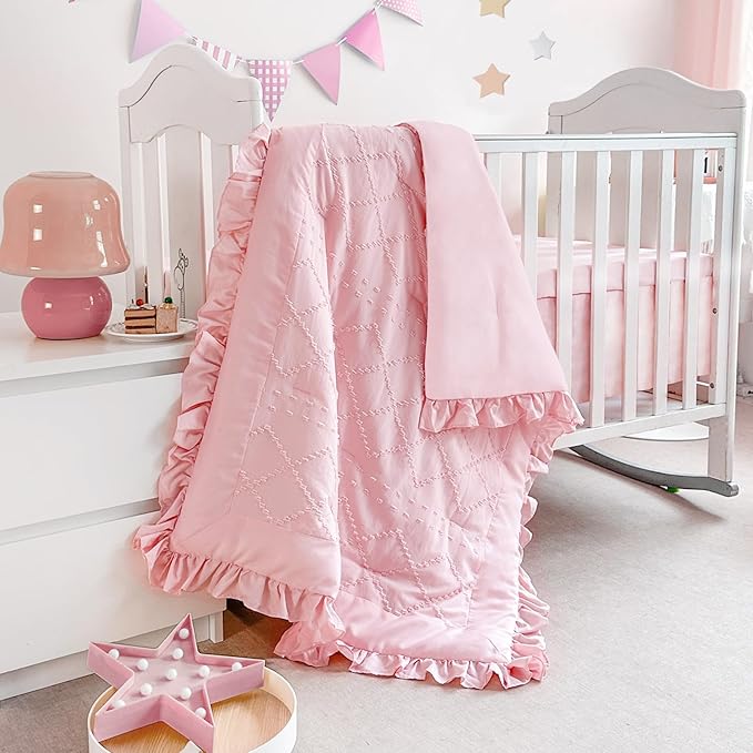 Wowelife Boho Mini Crib Bedding Set for Girls, 3 Piece Tufted Jacquard Ruffle Fringe Baby Girl Crib Bedding Set Newborn, Infant & Nursery with Comforter, Crib Fitted Sheet and Crib Skirt, Pink
