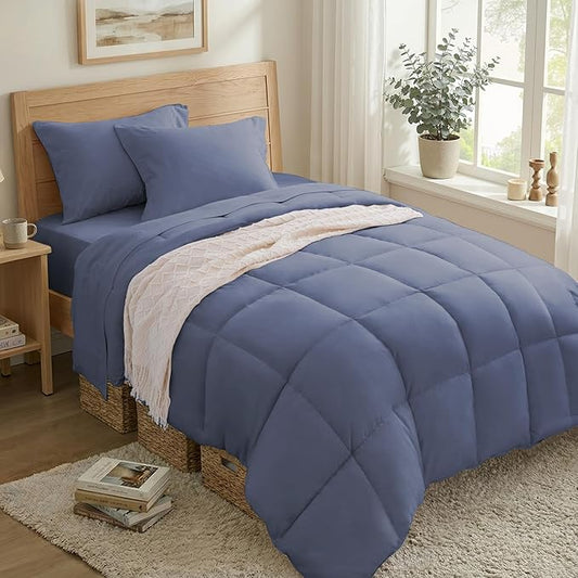 Anluoer Twin Comforter Set 5 Piece, Greyish Blue Bed in a Bag with Sheets, Comforters Twin Size Bedding Sets with 1 Comforter, 1 Pillow Shams, 1 Pillowcases, 1 Flat Sheet,1 Fitted Sheet