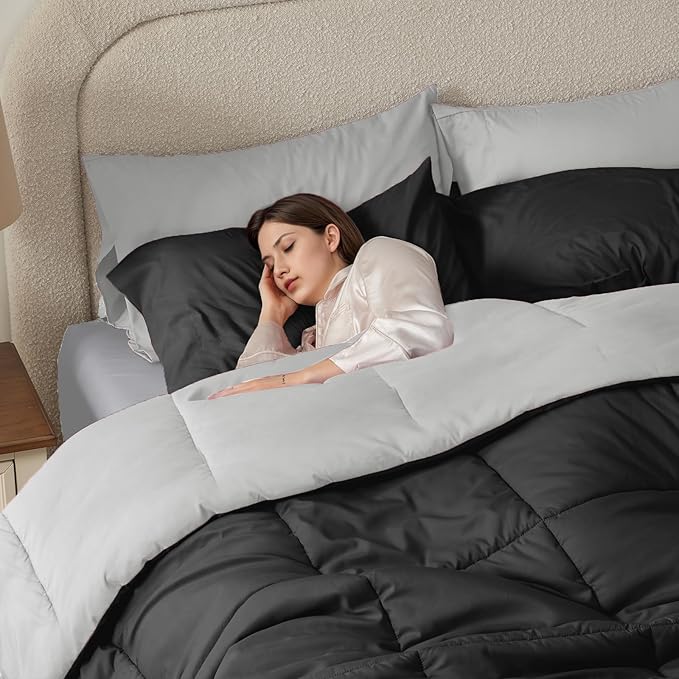 Anluoer Queen Comforter Set 7 Piece, Black and Grey Bed in a Bag with Sheets, All Season Bedding Comforter Sets with 1 Comforter, 2 Pillow Shams, 2 Pillowcases, 1 Flat Sheet,1 Fitted Sheet