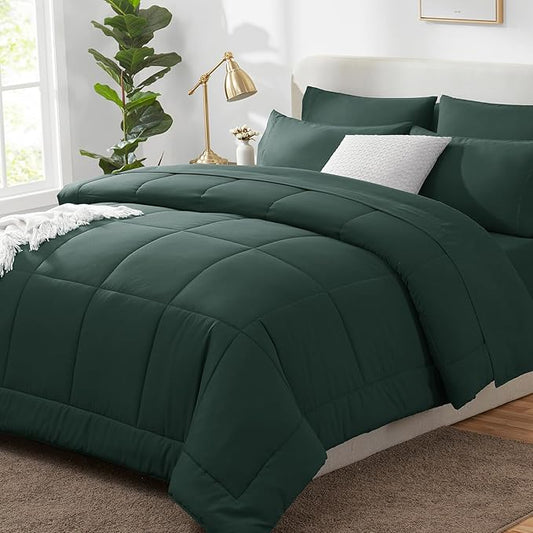 CozyLux King Size Comforter Set Forest Green, 7 Pieces Bed in a Bag, Green Comforter King Size, All Season Bedding Sets with Stitch Quilted Comforter, Flat Sheet, Fitted Sheet, Pillowcases