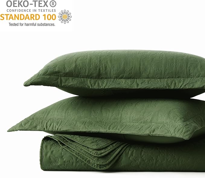 Hansleep Olive Green Quilt Twin Size - Baroque Ultrasonic All Season Bedspread Twin, Soft Lightweight Coverlet Bedding Set, 2 Pieces (1 Quilt, 1 Pillow Sham)