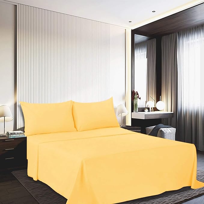 Twin XL Sheets Set 4 Piece - Hotel Luxury 1800 Bedding Sheets & Pillowcases - 1 Flat Sheet,1 Fitted Sheet and 2 Pillow Cases - Extra Soft Cooling Bed Sheets - Deep Pocket up to 16" (Yellow)
