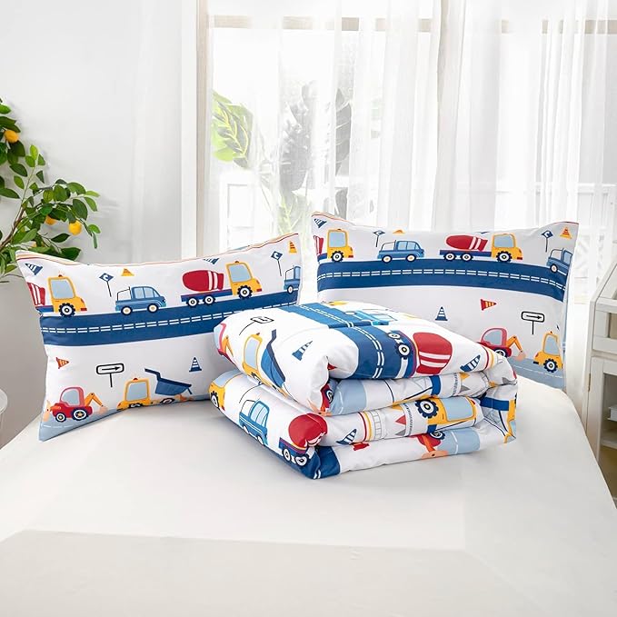 Axolotl Cartoon Cars Comforter Set Queen,Vehicle Bedding Set,Kids Excavator Comforter Set,Construction Bedding Equipment Trucks Comforter Sets for Kids Boys Girls Teens,1 Quilt 2 Pillowcases,Blue Red