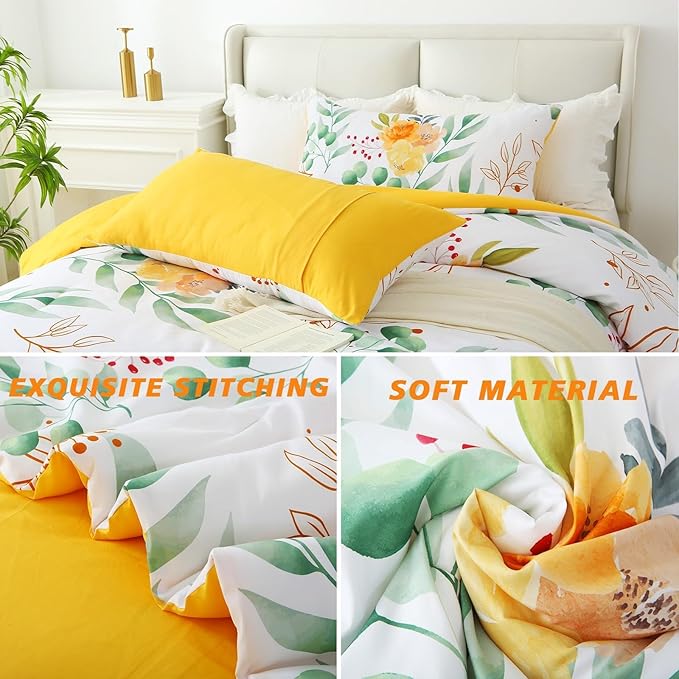 King Comforter Set Yellow 3 Pieces Bed in a Bag, Floral Bedding Sets Elegant Botanical Bed Set Lightweight Soft Comforter with 2 Pillowcases for All Season