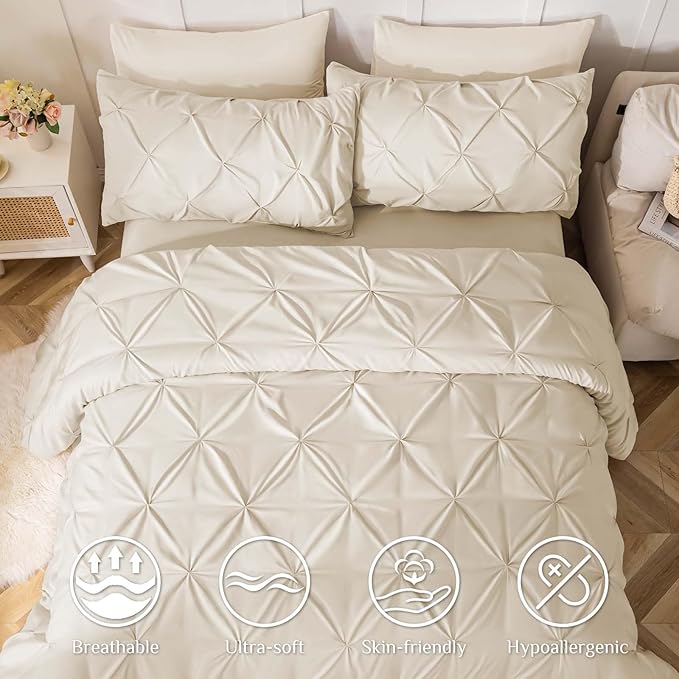 JOLLYVOGUE California King Comforter Set 7 Pieces - Bed in a Bag Cal King for All Season, Pintuck Bedding Comforter Sets with Comforter, Flat Sheet, Fitted Sheet and Pillowcases & Shams, Beige