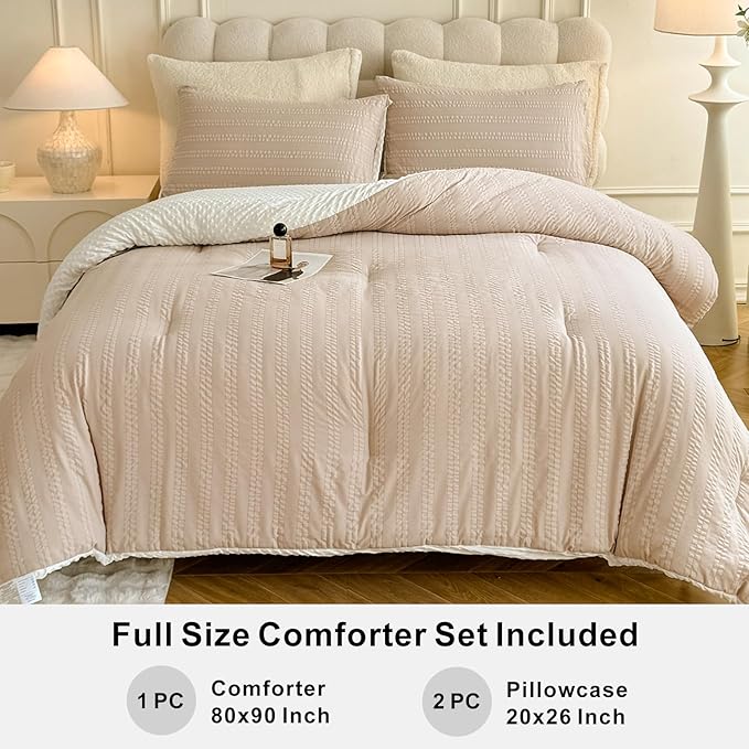 Boho Comforter Set Full Size Striped Pleats Bohemian Seersucker Bedding Set All Season Soft Cozy 3 Pieces Quilt with 2 Pillowcases(80"X90" Beige)