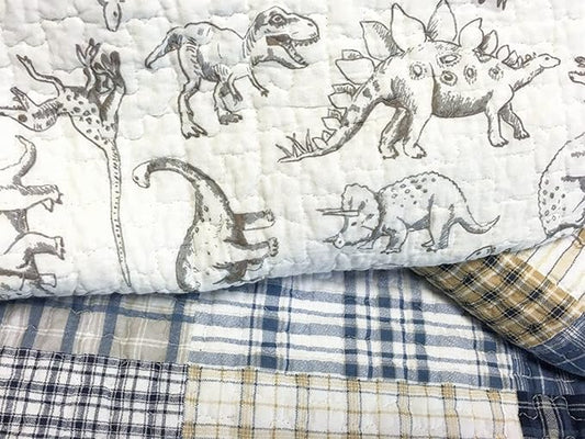 Cozy Line Home Fashions Benjamin Cute Dinosaur Plaid Navy Blue White Grey Bedding Quilt Set 100% Cotton Reversible Coverlet Bedspread Set for Kids Boy (Queen - 3 Piece)
