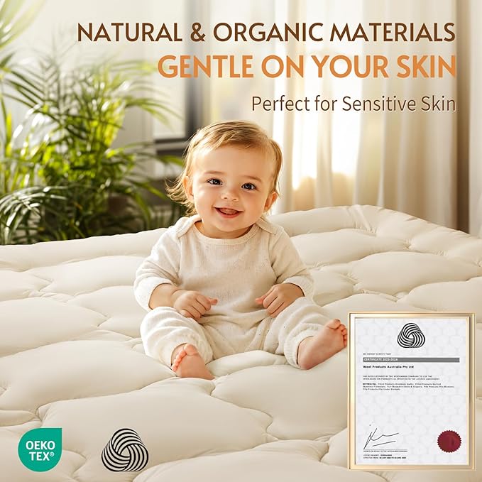 Luxury Wool Mattress Topper, Fluffy Mattress Pad with 100% Organic Cotton Cover(60"x81")