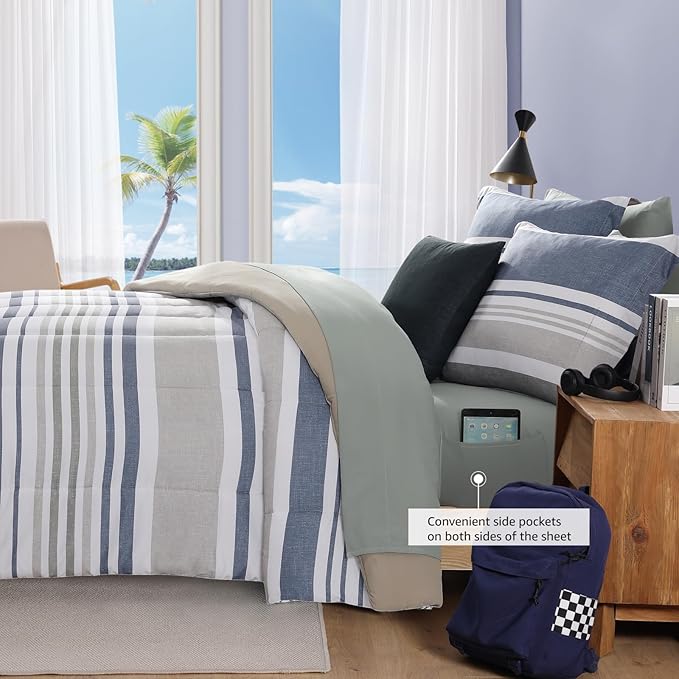 Queen Comforter Set Striped, Sea Blue Bedding Set 7 Pieces for Boys Girls Teen, All Season Bed in a Bag for Dorm with Sheets, Pillowcases & Shams