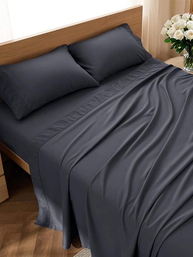 Bedsure King Size Sheets Set - 4 Pieces Soft King Sheets - Breathable & Cooling - Hotel Luxury - Easy Care Polyester Microfiber Bedding for Women, Men, Dark Grey