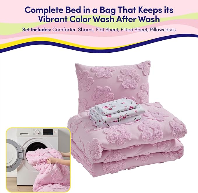 Kids Twin Size Bed in a Bag Tufted Comforter & Sheet Set – Complete Bedding Set with Corner Strap Fitted Sheet, Ultra Soft Lightweight All Season Comforter, Girls Bedroom, Dorm, Guest Room