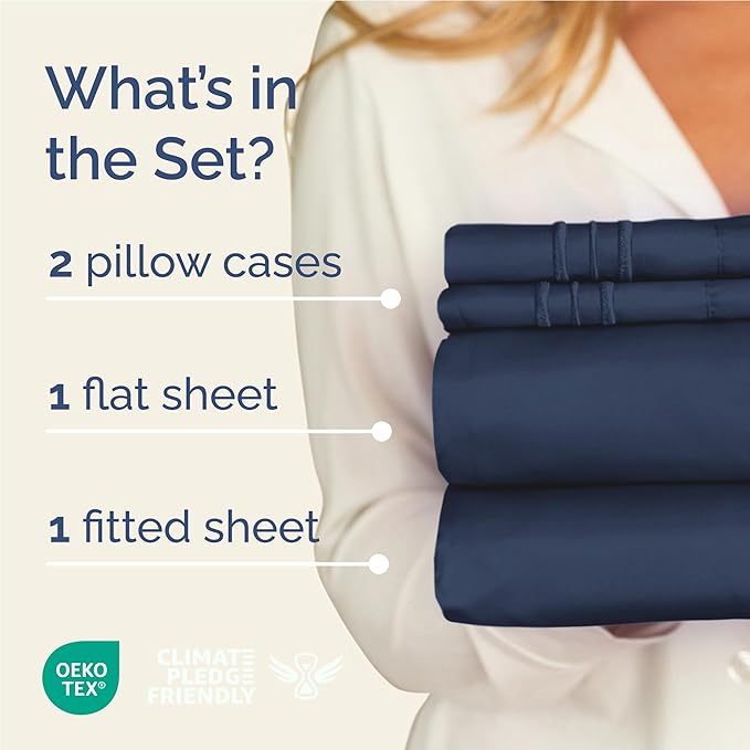 Full Size 4 Piece Sheet Set - Comfy Breathable & Cooling Bed Sheets Set - Hotel Luxury Bedding for Women, Men, Kids, Teens, Boys & Girls - Deep Pockets, Ultra-Soft, Wrinkle Free - Oeko-Tex - Navy Blue
