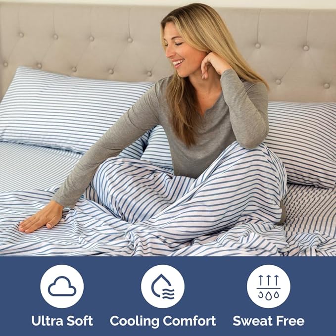 Short Queen Size 4 Piece Sheet Set - RV Short Queen, Soft, Breathable & Cooling Bed Sheets Set w/ Deep Pockets - Hotel Luxury Bedding for Women, Men, Kids, Teens, Boys & Girls, Oeko-Tex - Blue Stripes