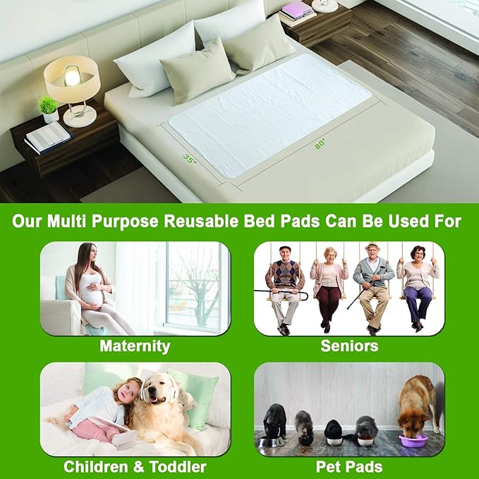 Nobles Incontinence Bed Pads - Waterproof, Reusable & Washable Bed Pad - Absorbent Underpad Mattress Protector for Bed Wetting - Washable Incontinence Pads - 81x36-4 Pack (Green)
