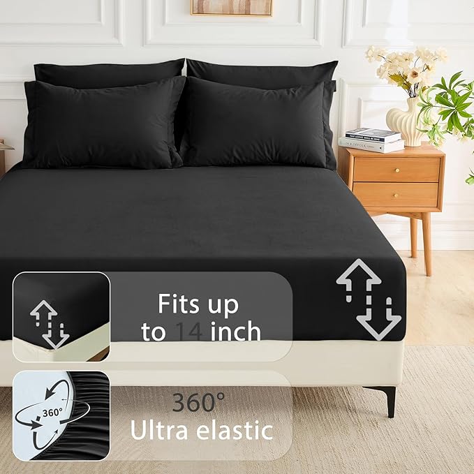 MUXHOMO 7 Pieces Full Comforter Set, Soft Bed in a Bag Full Size, All Season Bedding Set with Comforter, Flat Sheet, Fitted Sheet, Pillowcases & Shams, Black