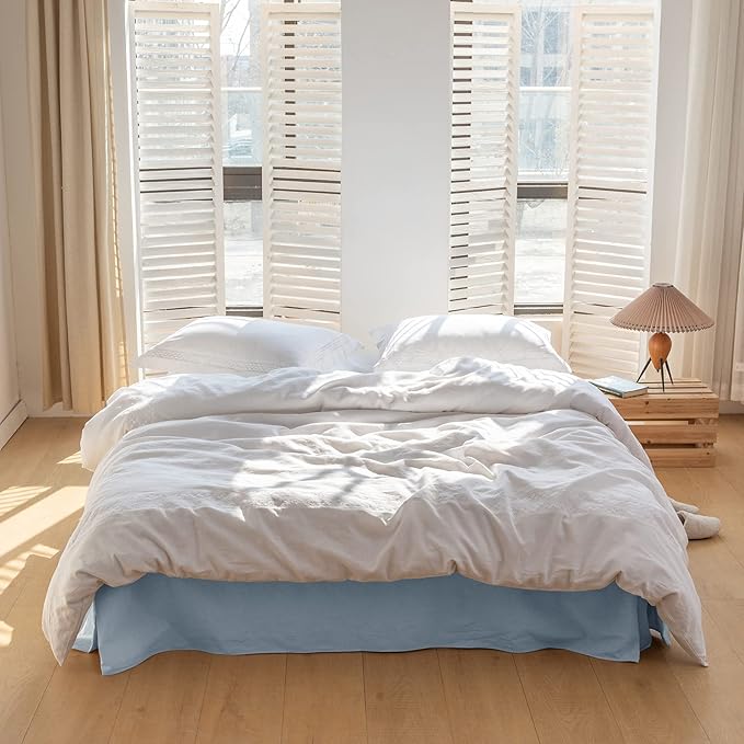 BISELINA French Linen Bed Skirt with Pleated Corner 14-Inch Tailored Drop Natural Flax Cotton Blend Basic Dust Ruffle Soft Cozy Farmhouse Bedding (14" Queen, Basic Dusty Blue)