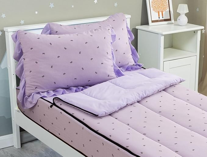 Meeting Story 3pcs Kids Comforter Set Zip up Bedding Set for Girls,Twin Kid Bedding Set Bow Comforter Set for Kid,All in one Zipper Bedding（Lightpurple,Twin）
