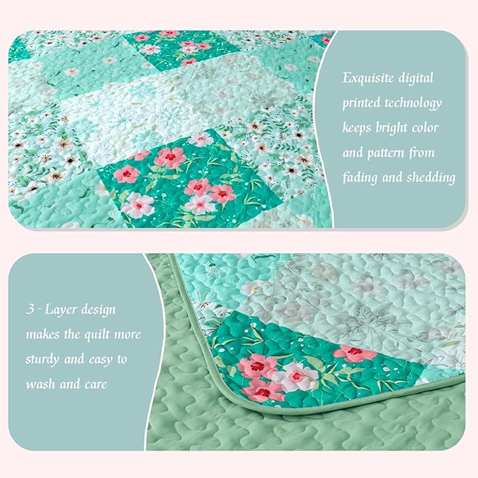 Whale Flotilla Patchwork Quilt King Size, Extra Soft Boho Floral Bedspreads for Bed Reversible Lightweight King Quilt Bedding Set Printed Coverlets with 2 Pillow Shams for All Seasons, Green
