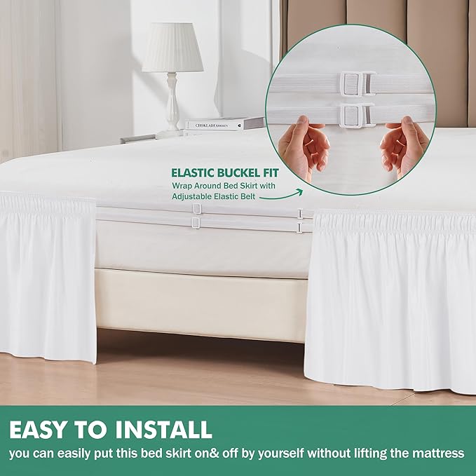Biscaynebay Wrap Around Bed Skirts with Split Corners for Twin/Twin XL Beds 18" Drop, White Adjustable Elastic Dust Ruffles Easy Fit Wrinkle Resistant Silky Luxurious Fabric Machine Washable