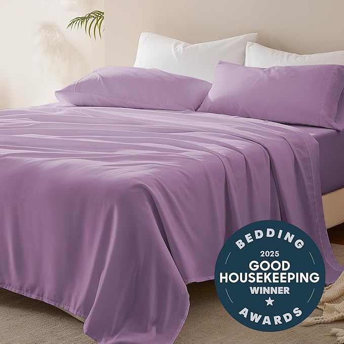 SLEEP ZONE Nanotex Super Soft Cooling Bed Sheets Set Cal King 4 Piece - Easy Care Fitted Flat Sheet & Pillowcase Sets - Wrinkle Free, Fade Resistant, Deep Pocket 16" (Lavender, Cal King)