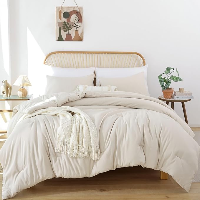 ROSGONIA Beige Comforter Set Queen, 3pcs (1 Boho Beige Comforter & 2 Pillowcases), All Season Bedding Lightweight Soft Bedspread Blanket Quilt